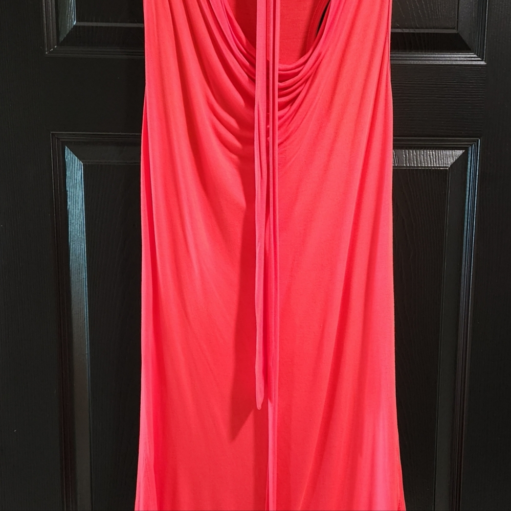 Venus Coral Red Cowl Neck Sleeveless Draped Cocktail Dress - Tie Waist - Picture 3 of 8
